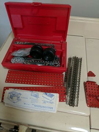 Vintage Gilbert Erector Set Red Plastic Box W/ Parts Wheels Instructions