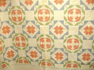 Q 13 Vintage Quilt,  Hand Quilted,  Cross Stitched Flowers,  79 X 84 inches,  1980 ' s 2