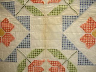 Q 13 Vintage Quilt,  Hand Quilted,  Cross Stitched Flowers,  79 X 84 inches,  1980 ' s 3