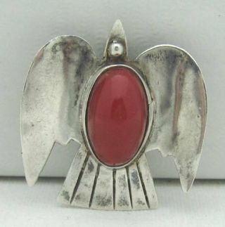 Lovely Vintage Estate Mexican Coral Sterling Silver Peyote Bird Brooch Pin