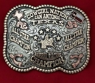 Vintage Cowgirl Rodeo Trophy Buckle San Antonio Texas Barrel Racing Champion ♡41