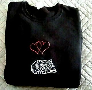 Cat Embroidered Black Sweatshirt Double Hearts Cat Nap