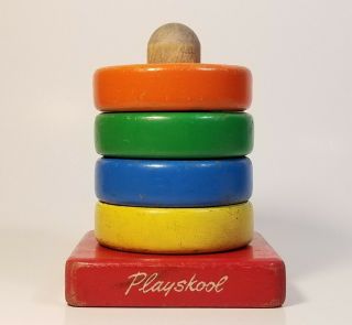 Vintage Wood Playskool Colorful Stacking Ring Toy,  Complete