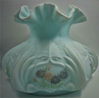 Vintage Fenton Puffy Blue Satin Glass Lamp Shade Frosted Asters F.  Hubbard Sign