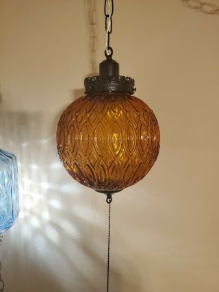 Vtg Mcm Glass Hanging Amber Light Swag Lamp Globe Pull Chain Retro Rewired