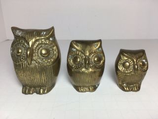 Set Of 3 Vintage Brass Owls Figurines Statue Home Decor
