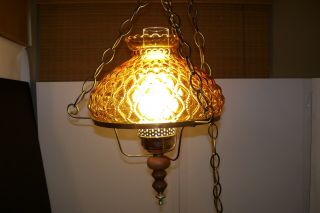 Vintage Gwtw,  10”amber Quilted Glass Shade Hanging Hurricane Swag Lamp