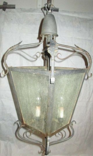 Vtg 30 " Spanish Revival Hanging Porch Light Lantern Wrought Iron Crackle Glass