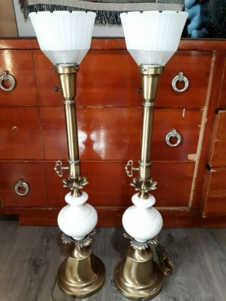 Rare Matching Set Of 2 Vintage 34.  5 " Porcelain & Brass Stiffel Torch Lamps