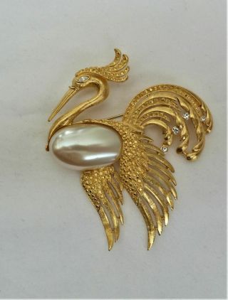 3 1/4 " Large Vintage Signed Trifari Faux Pearl Belly Rhinestone Crane Bird Pin