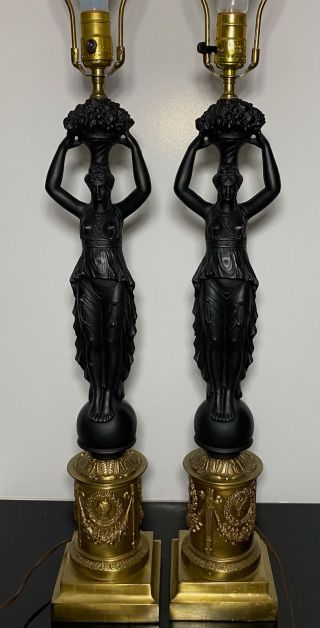 Vtg Pair Black Metal Ormolu Standing French Empire Art Nouveau Lady Table Lamps