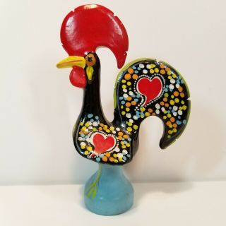 Folk Art Painted Rooster Pottery Figurine Bright Colors Whimsical Vintage - M