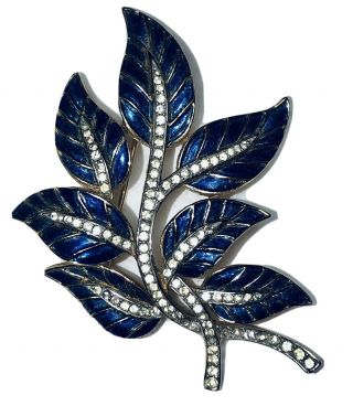 Vintage Big Trifari Crown Brooch Blue Enamel & Rhinestones Leaf Htf