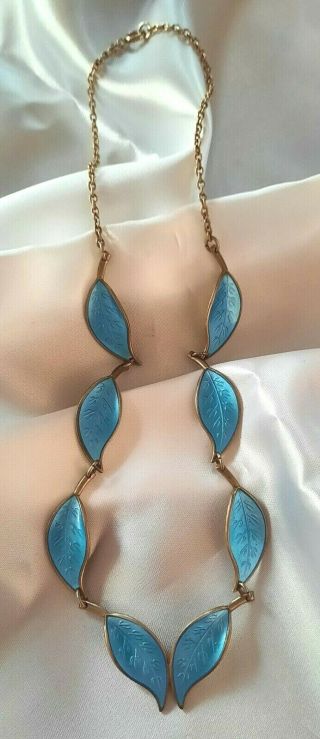 Vintage David Andersen Sterling Leaf Necklace Guilloche Enamel Turquoise Beauty