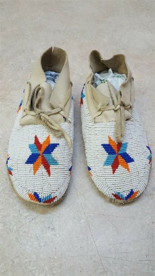 Kids Size 1 Handmade Beaded Star Design Leather Native American Indian Moccasins