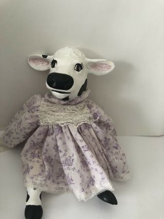 Hand Painted Soft Body Ceramic Head Feet Cow Doll With Flower Dress Country Farm
