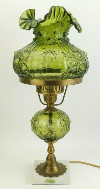 Fenton Glass Cabbage Rose Green Student Gone With Wind Table Lamp Base & Shade