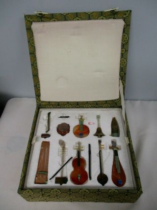 Vintage Chinese Semi Precious Jade Stone Miniature Musical Instruments Mib