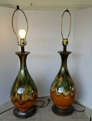 2 Vintage Mid Century Modern Table Lamp Earthtones 36 " Tallglazed Ceramic