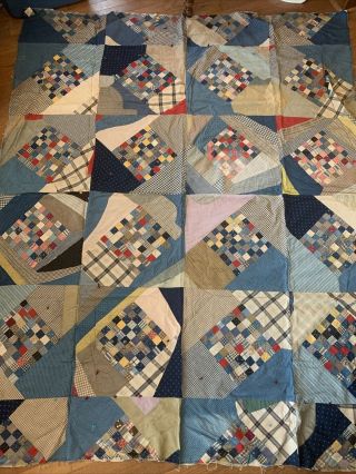 Vintage Hand Pieced Quilt Top Early Fabrics 66 " X 80 " Square Patchwork