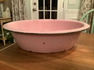 Vintage Large Pink Enamel Porcelain Baby Bath Tub Wash Basin 22” X 18 "