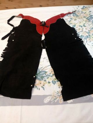 Vtg Child Suede Leather Chaps Cowboy Western Costume Rodeo Black/ Red Fringe M