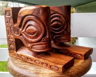 Spectacular Hawaiian Vintage Mid Century Carved Koa Wood Tiki Totem Bookends