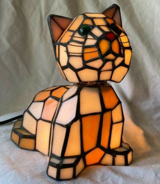 Orange & White Kitty Cat Green Eyes Tiffany Style Stained Glass Lamp/night Light