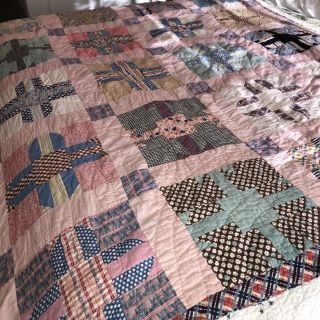 Vintage Mid Century Patchwork Quilt Twin Sz Pink Hand Stitched Cutter Repair Use 3