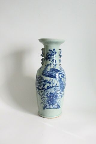 O - Chinese Green Celadon Canton Blue Bird Of Paradise Design Floor Vase