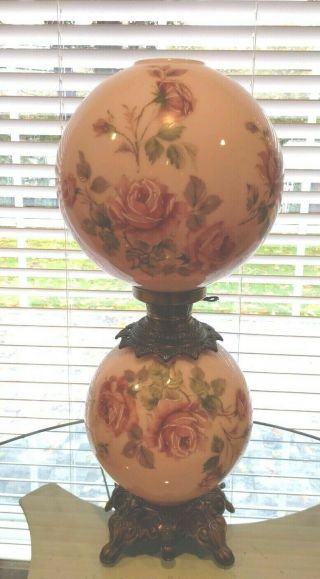Lamp Hurricane Gwtw Shabby Chic Cottage Pink Glass Roses Large Vintage