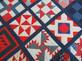 Vintage Hand Quilted PATRIOTIC Fabrics On Top & Backing SAMPLER Quilt,  78 