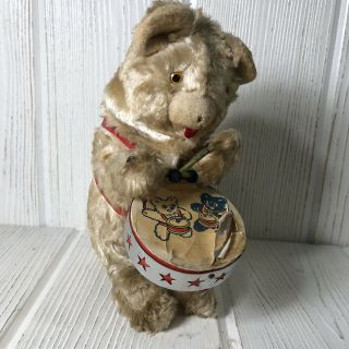 Antique Vintage Wind Up Teddy Bear Beating Drum 8”