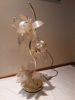 Vintage 1980s Retro Brass & Pink Glass Lotus Flowers 3 - Way Light 40 " Tall Lamp