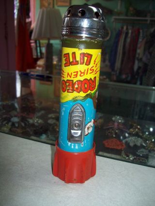 Vtg 40s 50s Rodeo Siren Lite Flashlight Tin Lithograph Toy Kids Cowboy Western
