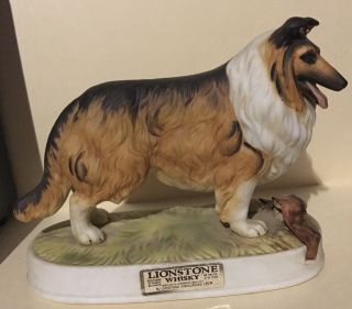 Vintage Lionstone British Rough Collie Dog Whiskey Decanter With Red Seal 1975
