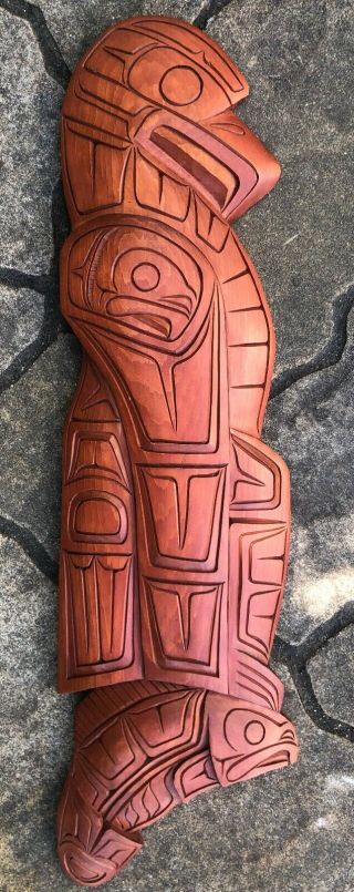 Northwest Coast Large Cedar Eagle Salmon Carving Plaque Canada Aboriginal