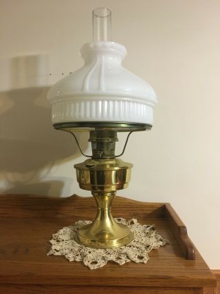 Aladdin Kerosene Oil Table Lamp Brass Milk Glass Shade Chimney