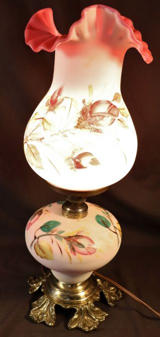 Lg Wright / Fenton Glass Moss Rose Gone With The Wind Lamp 19.  5 " Tall