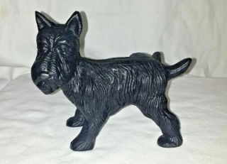 Vintage Black Cast Iron Doorstop Statue Scottie Terrier Dog Raised Leg Peeing