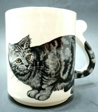 Vintage 1990s Cat 8 Oz Coffee Mug Cup Tail Handle Grey Black Striped Tabby Japan