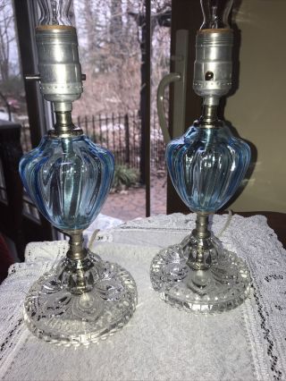 Vtg 50’s Blue Glass Base Spiral Twist Pair Boudoir Nightstand Lamps Rare