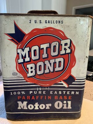Vintage 2 Gallon Motor Oil Can - Motor Bond; Slight Dent On One Side