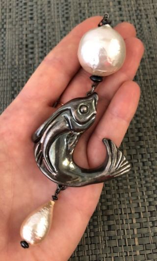 Vintage Signed Frederic Jean Duclos Sterling Silver Electroform Fish Pendant