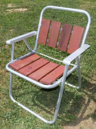 Vintage Aluminum Wood Folding Lawn Chair Camping Wooden Slats Red Mcm