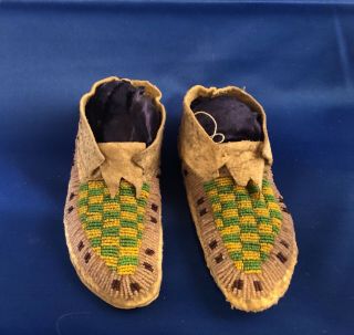 C 1890’s Native American Plains Lakota Fully Beaded Moccasins Tanned Hide,  Sinew