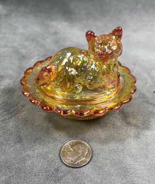 Cat On Nest Salt Dip Marigold Carnival Glass Mosser Usa