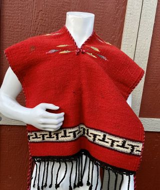 Vintage Red Mexican/native American Navajo Woven Wool Poncho Serape W/ Tassels