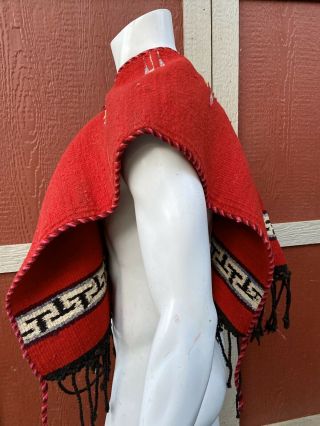 Vintage Red Mexican/Native American Navajo Woven Wool Poncho Serape W/ Tassels 2