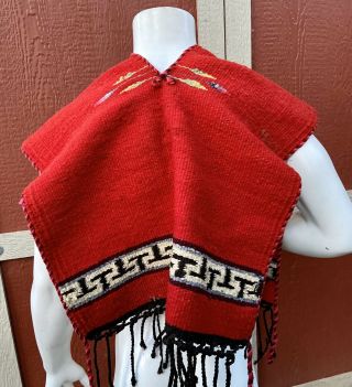 Vintage Red Mexican/Native American Navajo Woven Wool Poncho Serape W/ Tassels 3